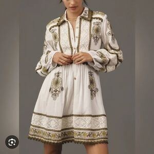 Maeve Anthropologie White and Green Embroidered Dress